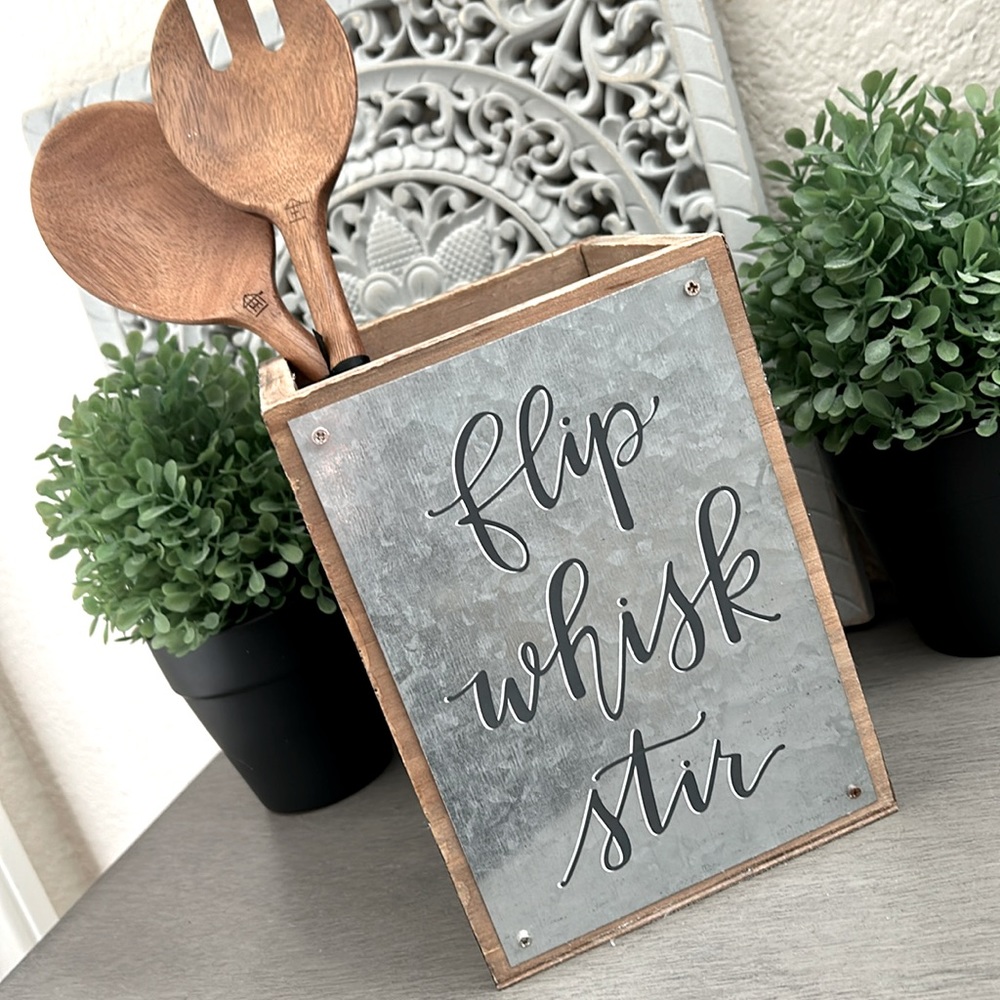 Rustic Farmhouse Boho kitchen utensil holder galvanized metal and wood